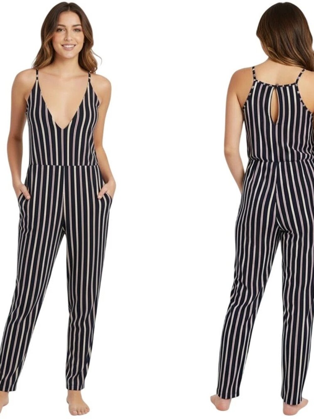 BCBGeneration Striped Jumpsuit Black White V Neck Wide Leg XS